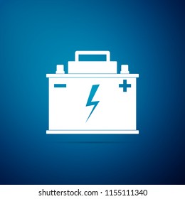 Car battery icon isolated on blue background. Accumulator battery energy power and electricity accumulator battery. Lightning bolt symbol. Flat design. Vector Illustration