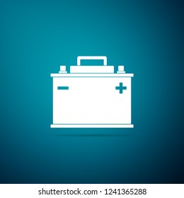 Car battery icon isolated on blue background. Accumulator battery energy power and electricity accumulator battery. Flat design. Vector Illustration