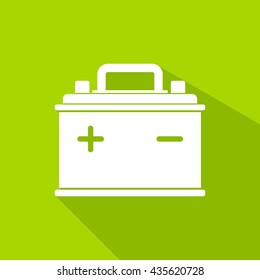 Car Battery icon isolated on green background. Accumulator battery energy power and electricity accumulator battery. Battery accumulator icon car auto parts electrical supply power in flat style.