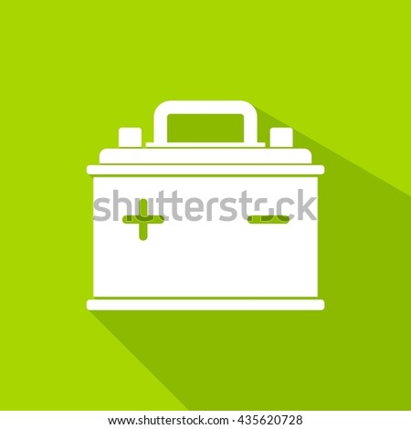 Car Battery icon isolated on green background. Accumulator battery energy power and electricity accumulator battery. Battery accumulator icon car auto parts electrical supply power in flat style.