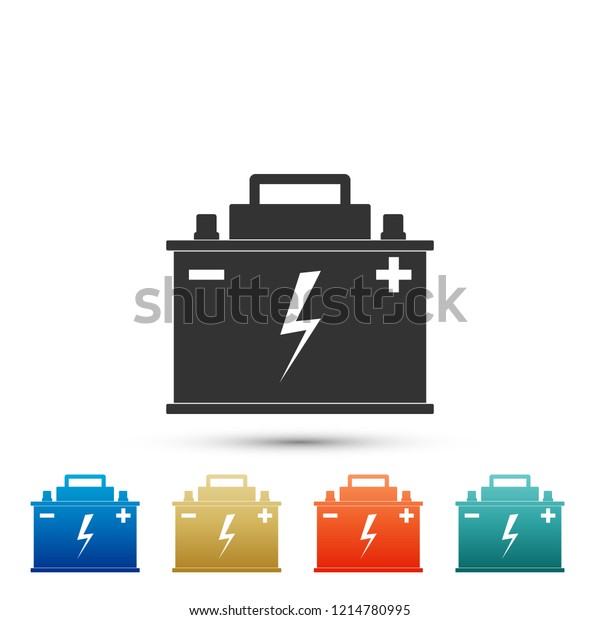 Car battery icon isolated on white\
background. Accumulator battery energy power and electricity\
accumulator battery. Lightning bolt symbol. Elements in colored\
icons. Flat design. Vector\
Illustration