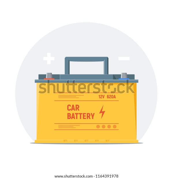 Car battery icon. Isolated yellow battery\
with plus and minus symbols. Element of infographic check, charge\
and use car battery. Vector\
illustration.