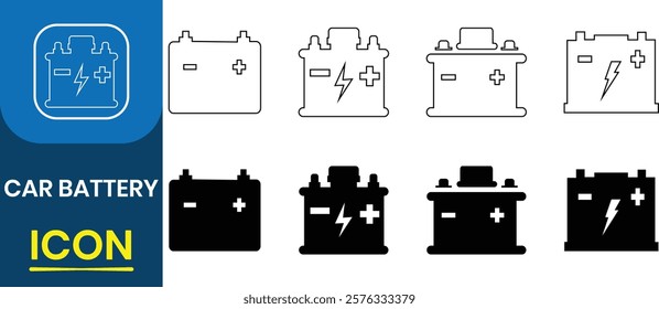 Car battery icon set. Car accumulator, Auto electrical power supply, Automotive charge sign, electric vehicle batteries silhouette, battery Charging service vector illustration.