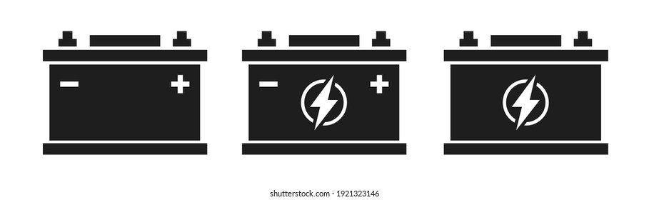 Car battery icon set. Auto battery symbol on white background. Energy power accumulator isolated. Vector illustration.