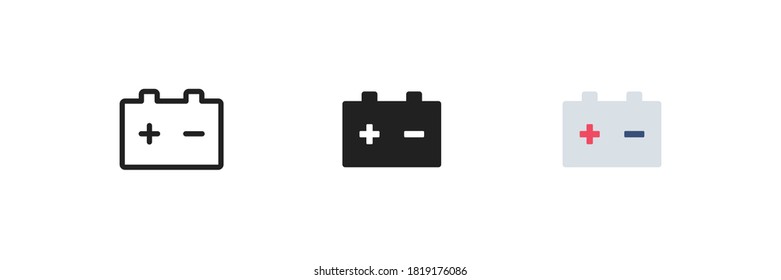 Car battery icon set. Electric, power concept symbol. Auto accumulator logo in vector flat style.