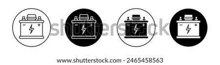 Car battery icon set. electric power lithium iron cell battery vector symbol. industrial electric lead battery sign in black filled and outlined style.