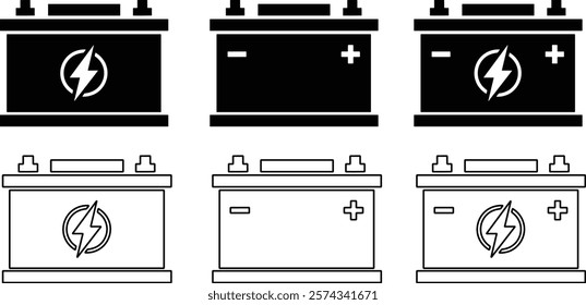 Car battery icon set. Energy power accumulator. Automotive charge sign. Auto battery symbols. Vector illustration.