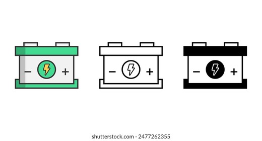 Autobatterie-Symbole eingestellt. Autobatterie, Akku-Wohnung einfach für Infografik-Design, Silhouette-Symbol, Umriss-Vektorgrafik, Vektorillustration.