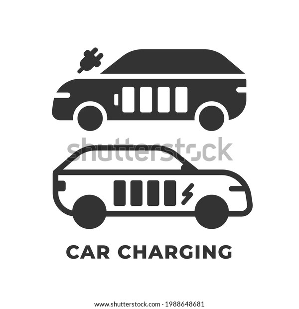 Car battery indicator or\
charge icon. Vector illustration of electric powered car and\
charging symbol.