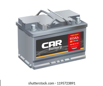 Car Battery Isolated On White Background. Realistic Vector. 12 Volt Car Battery Power Cell. Battery Shop Logo.