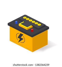 Autobatterie einzeln auf weißem Hintergrund. Akkumulatorenkraftwagen automatisieren elektrische Energieversorgung im isometischen Stil.
