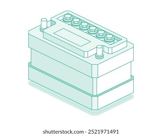 Car battery isolated on white background. Accumulator battery. Isometric outline object. Vector illustration.