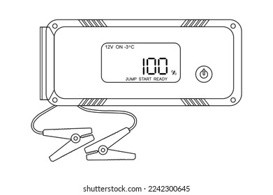 Car battery jump starter on white background, vector line