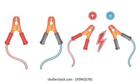 Car battery jumper clamp cable icon set. Power wires with alligator clip for connection to electric accumulator charging and jump start automobile engine. Checking charge level. Repairing tool. Vector svg