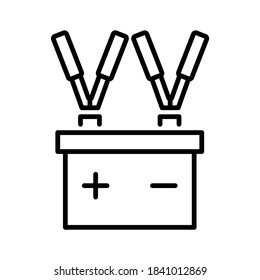 Car battery with jumper power cables. Line vector. Isolate on white background.