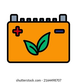 Car Battery With Leaf Icon. Editable Bold Outline With Color Fill Design. Vector Illustration.