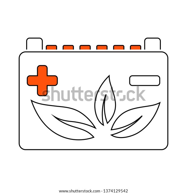 Car Battery With Leaf Icon. Thin Line With\
Red Fill Design. Vector\
Illustration.