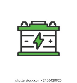 Car battery, in line design, green. Car, battery, Vehicle, Automotive, Power source, Energy storage, Rechargeable on white background vector. Car battery editable stroke icon.