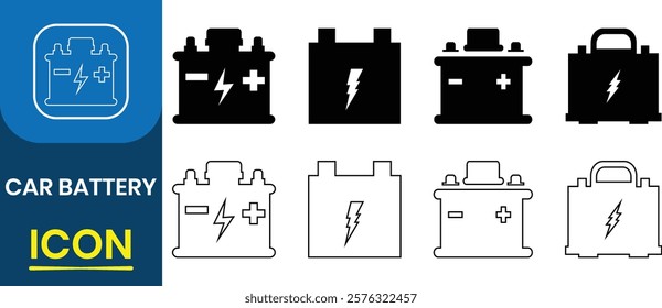  Car Battery line icon collection. Car accumulator, Auto electrical power supply, Automotive charge sign, electric vehicle batteries silhouette, battery Charging service vector illustration.