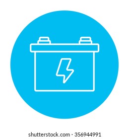 Car battery line icon for web, mobile and infographics. Vector white icon on the light blue circle isolated on white background.