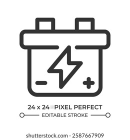 Car battery line ui icon. Vehicle accumulator with lightning sign. Electric supplies for automobile. Isolated vector outline symbol. Webdesign user interface element linear, pixel perfect