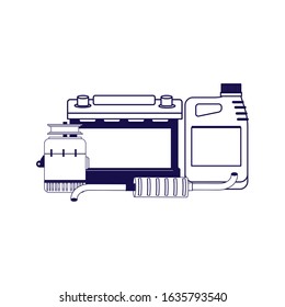 car battery with car oil bottle and engine parts over white background, flat design, vector illustration