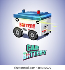 Car Battery on Wheels with typography for header design. car energy concept - vector illustration