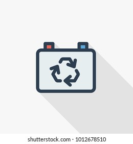 Car battery recycling, auto service, accumulator thin line flat color icon. Linear vector illustration. Pictogram isolated on white background. Colorful long shadow design.