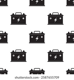 Car battery seamless pattern. Auto accumulator battery energy power symbol texture pattern. Black accumulator icons, car parts power supply. Monochrome wallpaper template. flat vector illustration