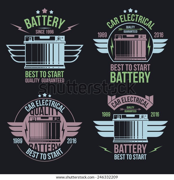 Car battery shop  emblems. Color print on a
black background
