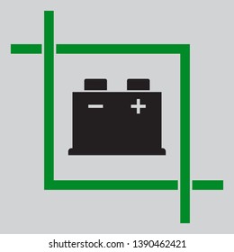 Car battery sign. Black icon inside green crop tool at light gray background