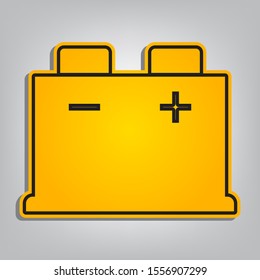 Car battery sign. Flat orange icon with overlapping linear black icon with gray shadow at whitish background. Illustration.
