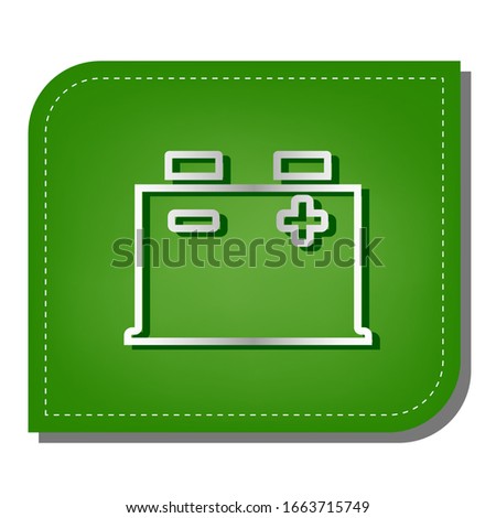 Car battery sign. Silver gradient line icon with dark green shadow at ecological patched green leaf. Illustration.