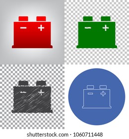 Car battery sign. Vector. 4 styles. Red gradient in radial lighted background, green flat and gray scribble icons on transparent and linear one in blue circle.
