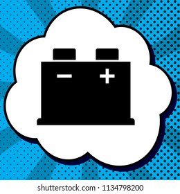 Car battery sign. Vector. Black icon in bubble on blue pop-art background with rays.