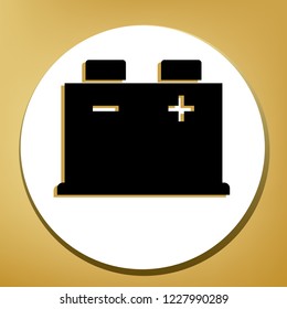 Car battery sign. Vector. Black icon with light brown shadow in white circle with shaped ring at golden background.