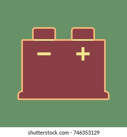 Car battery sign. Vector. Cordovan icon and mellow apricot halo with light khaki filled space at russian green background.