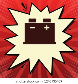 Car battery sign. Vector. Dark red icon in lemon chiffon shutter bubble at red popart background with rays.