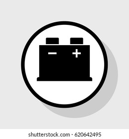 Car battery sign. Vector. Flat black icon in white circle with shadow at gray background.