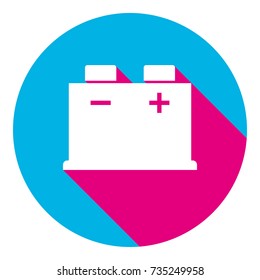 Car battery sign. Vector. Flat white icon with mexican pink shadow inside sky blue(S and G) circle at white background. Isolated. Trend colors in 2017.