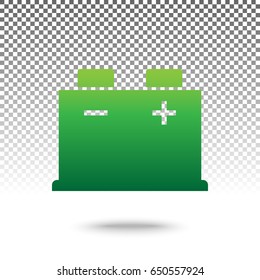 Car battery sign. Vector. Green gradient icon with shadow at bottom on transparent and white background.