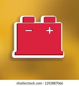 Car battery sign. Vector. Magenta icon with darker shadow, white sticker and black popart shadow on golden background.