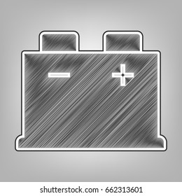 Car battery sign. Vector. Pencil sketch imitation. Dark gray scribble icon with dark gray outer contour at gray background.