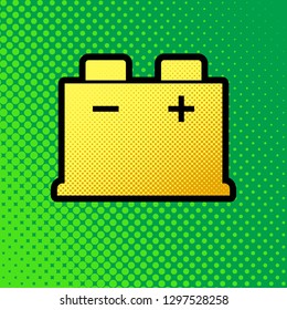 Car battery sign. Vector. Pop art orange to yellow dots-gradient icon with black contour at greenish background.