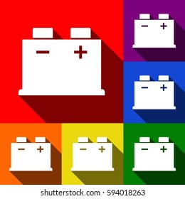 Car battery sign. Vector. Set of icons with flat shadows at red, orange, yellow, green, blue and violet background.