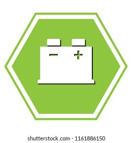 Car battery sign. Vector. White icon with black shadow at yellow green honeycomb on white background.