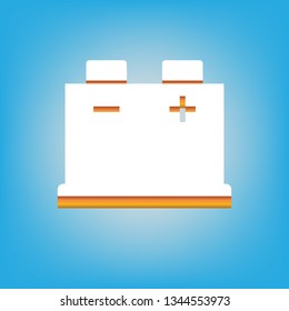 Car battery sign. Vector. White icon with 3d warm-colored gradient body at sky blue background.