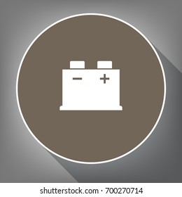 Car battery sign. Vector. White icon on brown circle with white contour and long shadow at gray background. Like top view on postament.