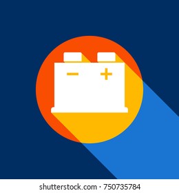 Car battery sign. Vector. White icon on tangelo circle with infinite shadow of light at cool black background. Selective yellow and bright navy blue are produced.