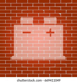 Car battery sign. Vector. Whitish icon on brick wall as background.
